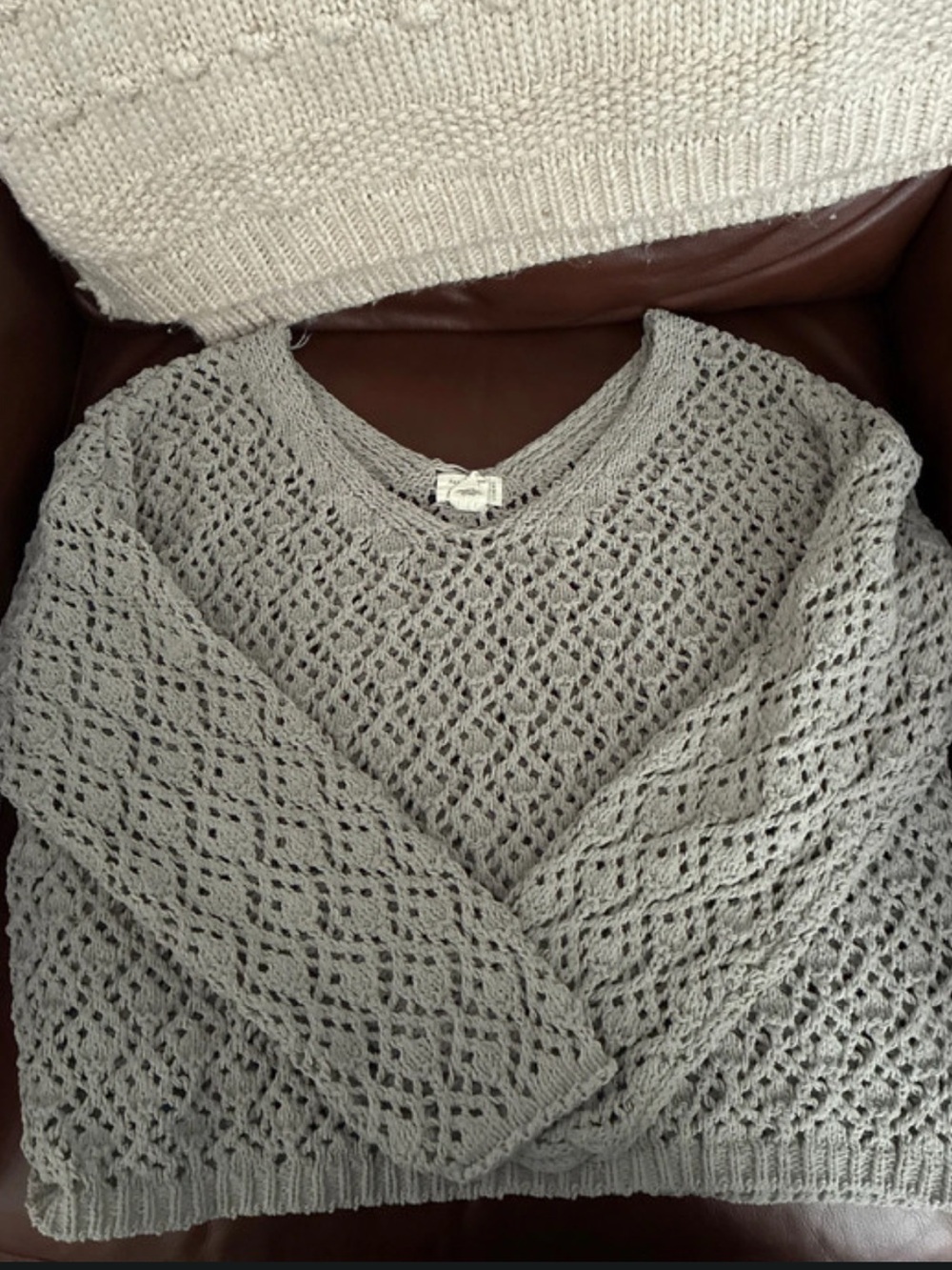 Nicole Miller Open-Knit V-Neck Sweater in Light Gray